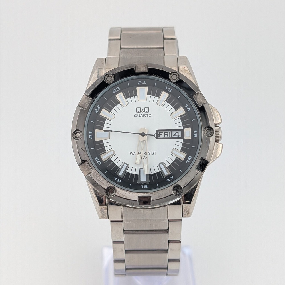 Q&Q by Citizen Men's 43mm Day Date Quartz Watch Black Silver Tone 5 Bar